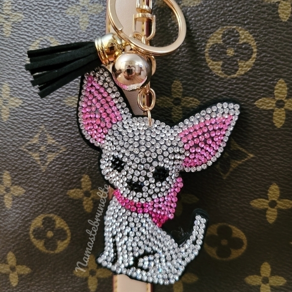 Chihuahua Dog Crystal Rhinestone Keychain Bag Charm With Black Tassel - Picture 10 of 17